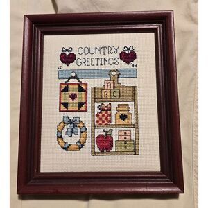 Country Greetings Hand-Stitched Cross-Stitch Wall Art In Wood Frame